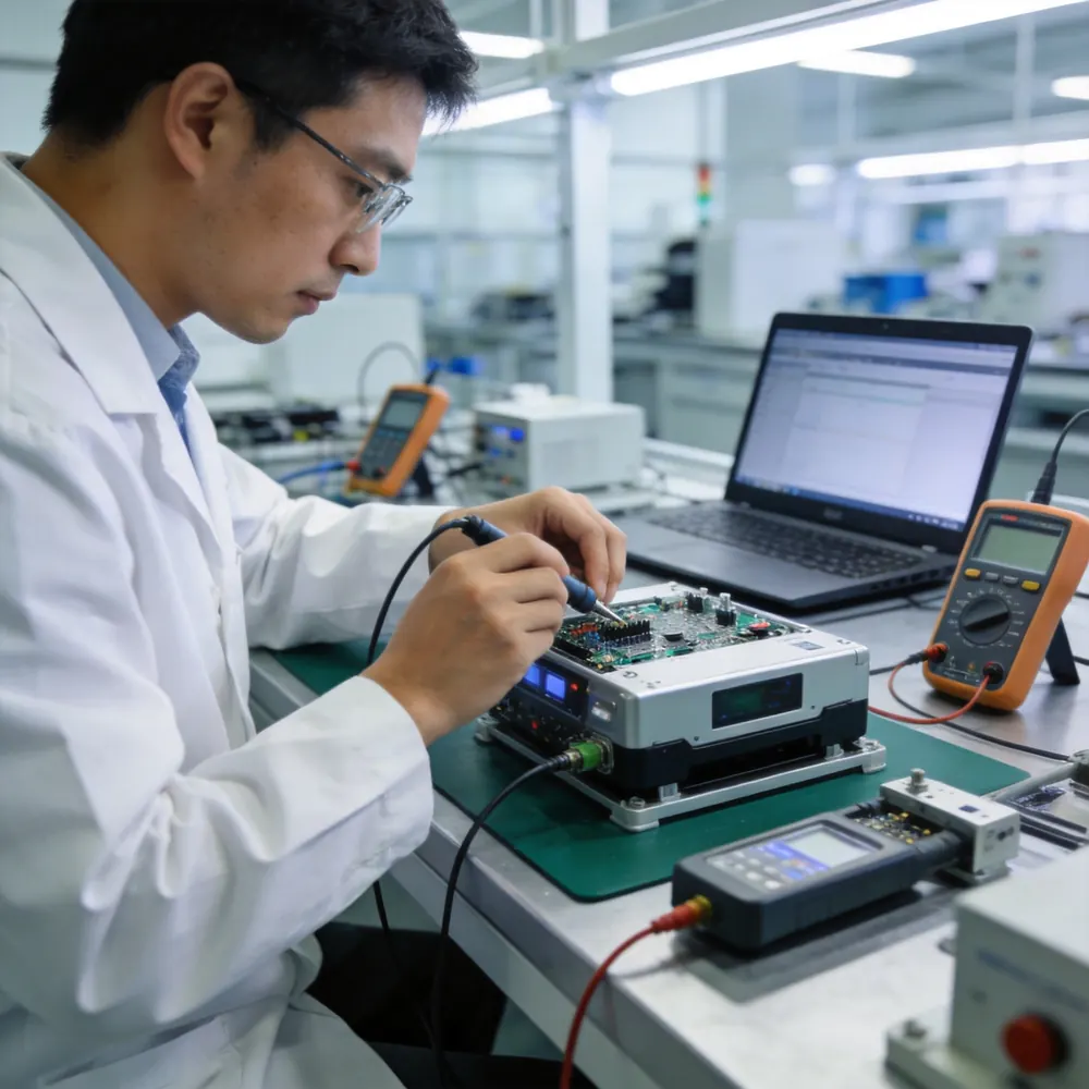Quality control engineer testing an electronic device