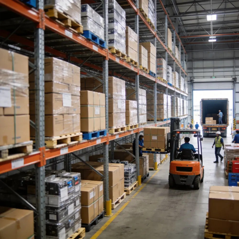 Organized warehouse preparing export cartons