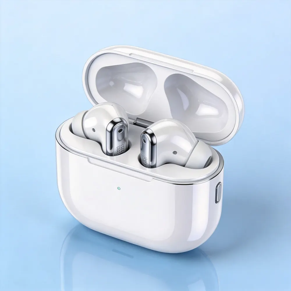 AI translator earbuds in open charging case